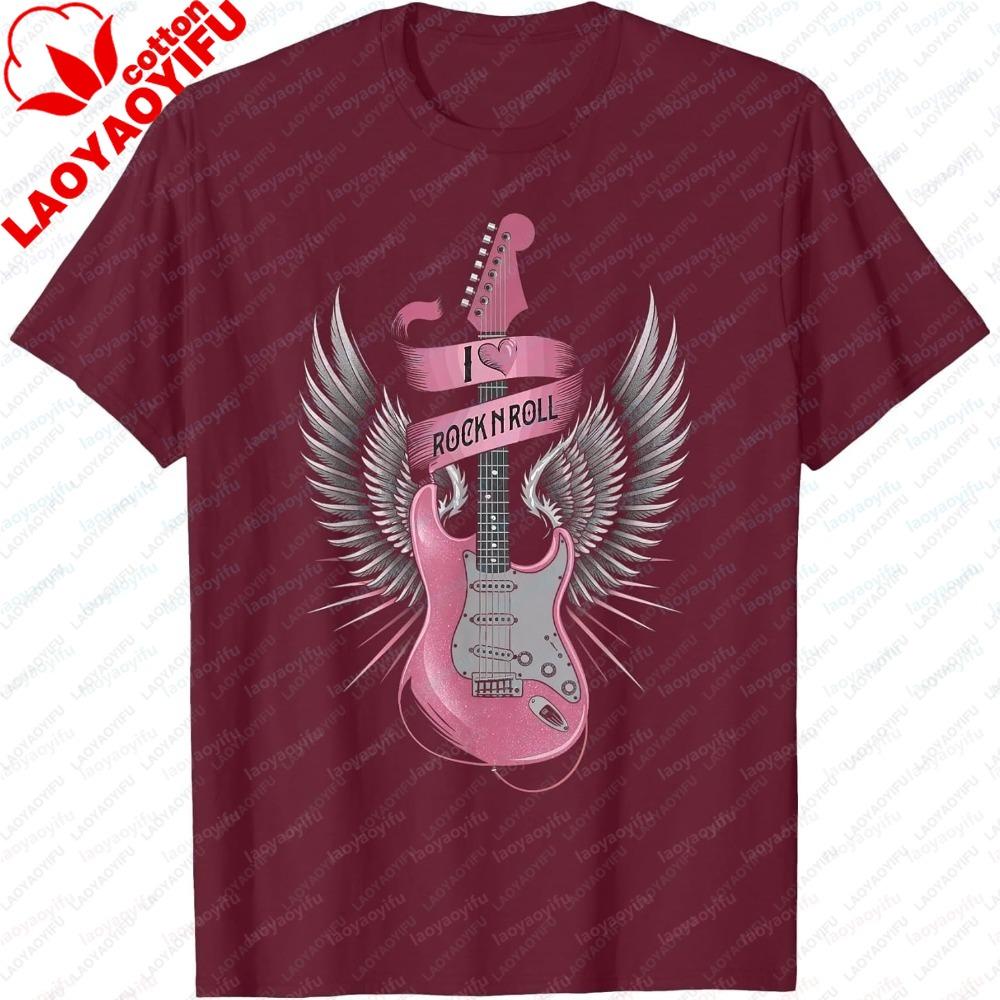 Fashion Unisex Summer Short Sleeve TShirt I Love Rock N Roll Design Pink Guitar Angel Wings Vintage Style Comfortable Casual Top S