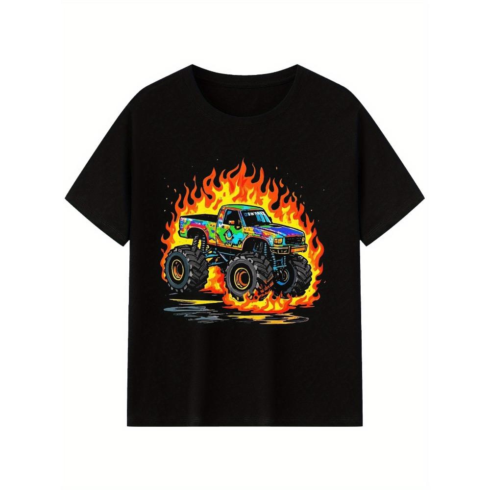 

Мужская дышащая хлопковая футболка с ярким мультяшным дизайном грузовика с пламенем, черный круглый вырез, для повседневной носки летом M