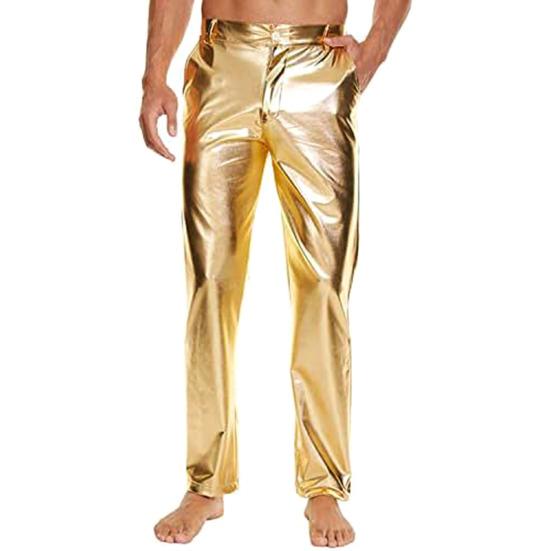 Men Pants Mid-rise Button Zipper Fly Shiny Casual Trousers