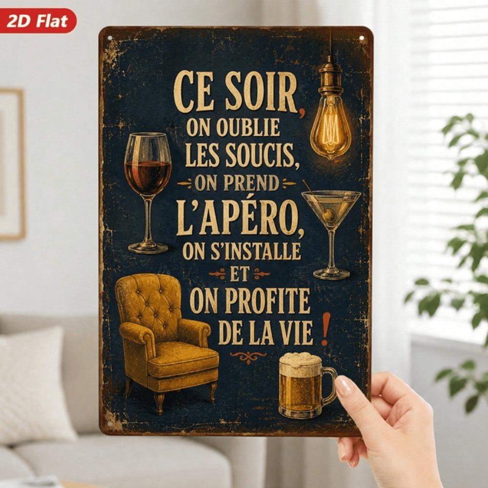 1pc French Aperitif Metal Sign, Ce Soir Aperitif Quote Wall Decor, Martini Cocktail Beer Mug Art for Home Bar Living Room