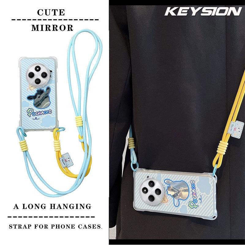 KEYSION Crossbody Strap Phone Case for Redmi 14C Cute Cartoon Long Lanyard Mirror Shockproof Cover for Xiaomi POCO C75