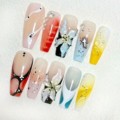10pcs Handcrafted Press-On Ballet Nails Long Floral Designs Glossy 3D Embellished French Line Metallic Cross Decoration with Jelly Glue Nail File