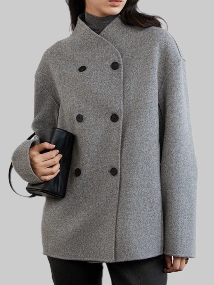 

Двубортное шерстяное пальто нейтрального кроя в стиле Niche — свободного кроя, для осени/зимы S, Length 67cm светло-серый