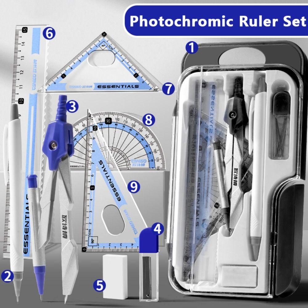 9PCS/Set Propelling Pencil Stationery Ruler Set Plastic Protractor Drawing Tool  Students