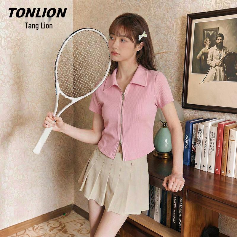 TonLion Women's Polo Neck Zipper Short-Sleeve T-Shirt