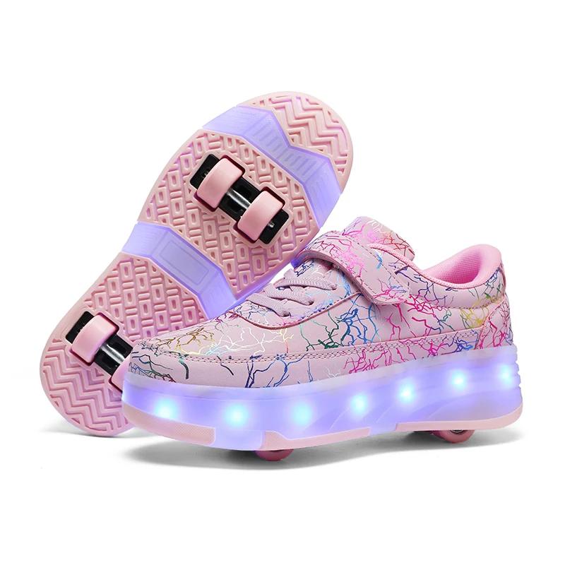 Girls Pink Roller Skate Shoes Sneakers With Wheels Children Rollerskates Fashion Outdoor Sports Shoes Girls Gifts