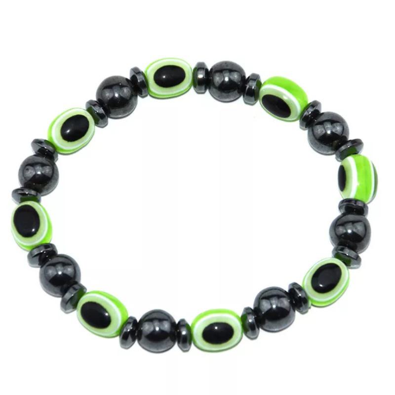 Magnetic Black Stone Elastic Bracelet with Blue Eye Beads - Popular European & American Jewelry
