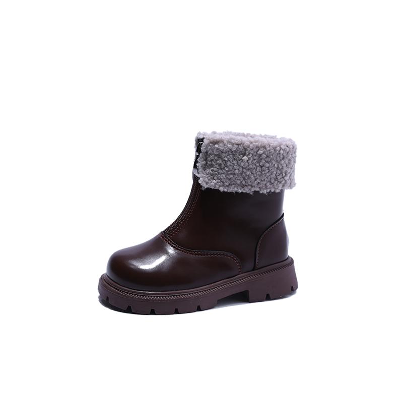 Girls Short Boots Turned-over Edge Plush Retro Winter Children Warm Boots Front Zipper Kids Fashion Boots Anti-Slippery 2024 New