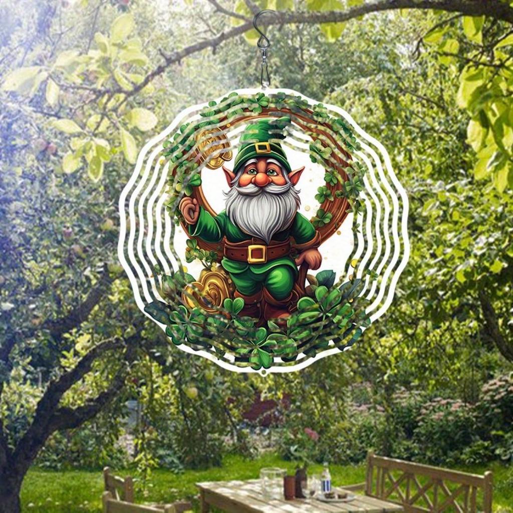 Lucky Gnome Wind Chime with Horseshoe and Clover 2D Rotating Design for Outdoor Garden Yard Decor Universal Holiday Ornament with 360 Degree Hook