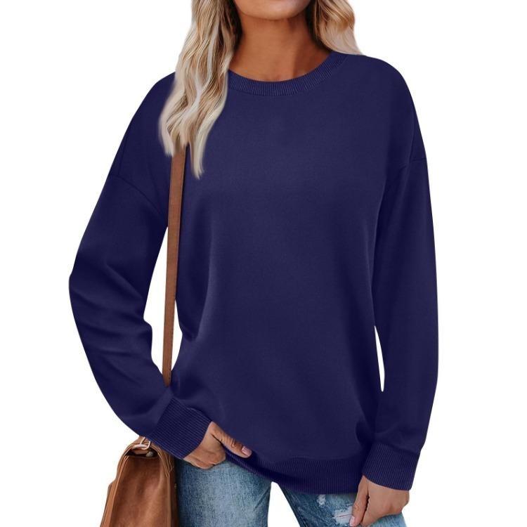 Women Loose Pullover Sweatshirt Long Sleeve Solid Color Round Neck Fashion Top S