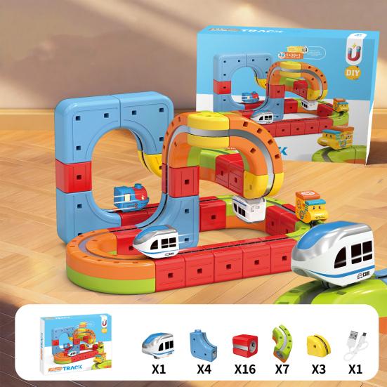 Yousheng 8/18/26/32/38Pcs/Set Magnetic Train Track Set DIY Race Car Cube Rail Building Kit Toddlers Boys Girls Gravity-Defying Electric Train STEM Toy