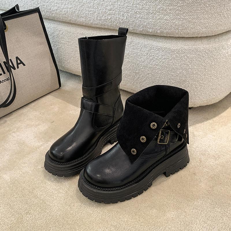 

2025 autumn and winter new British Martin boots women s versatile round head thin retro Maillard boots 35 чёрный