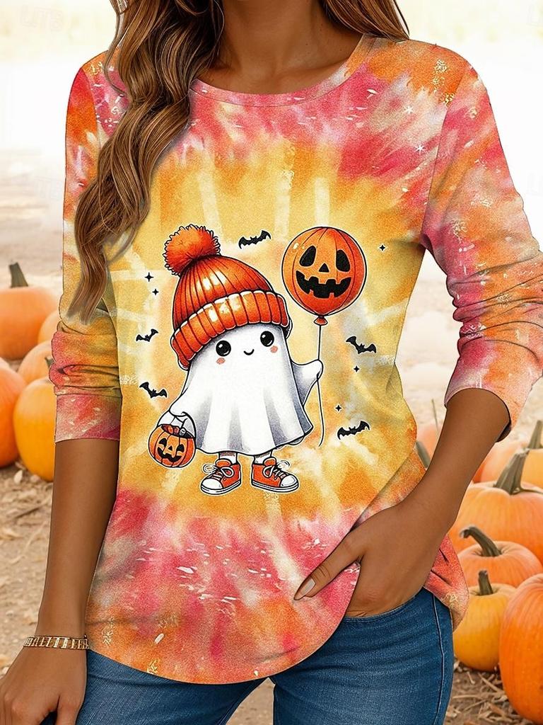 2025 Women Casual Long Sleeve Tops Graphic Halloween Pumpkin Tee Shirts Blouse Crewneck Fall Winter Streetwear Style Pullover