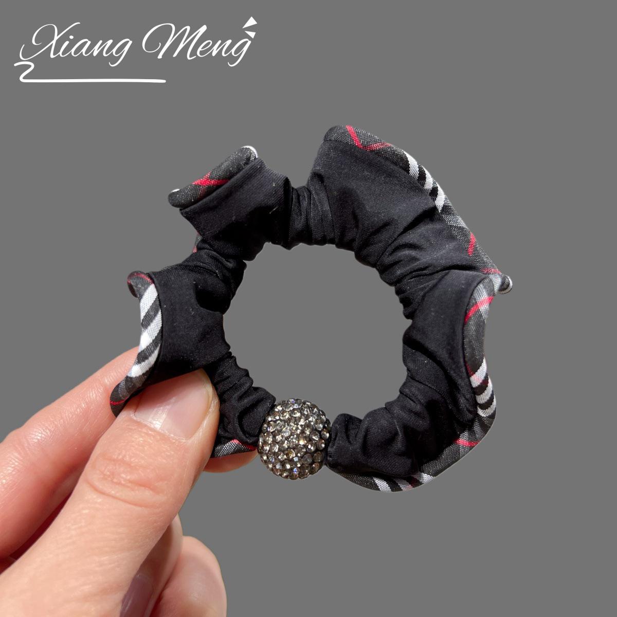 Korean Retro Black Plaid Rhinestone Hair Tie - Large Intestine Style