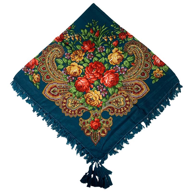 90*90cm Short Tassel Floral Print Russian Square Scarf Women Luxury Flower Printed Bandana Shawl Ukrainian Babushka Head Wraps