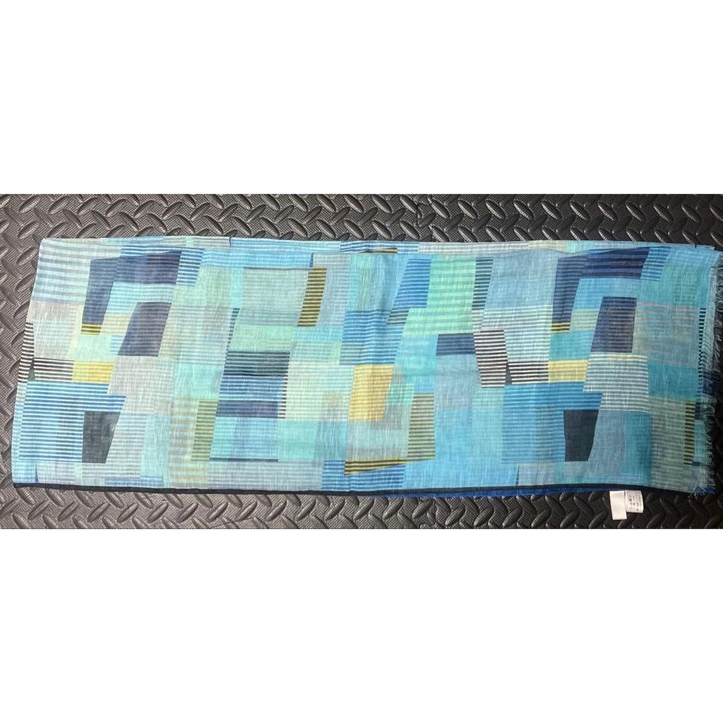 Used Leilian stole, blue, check pattern, large stole, light blue, cotton/linen