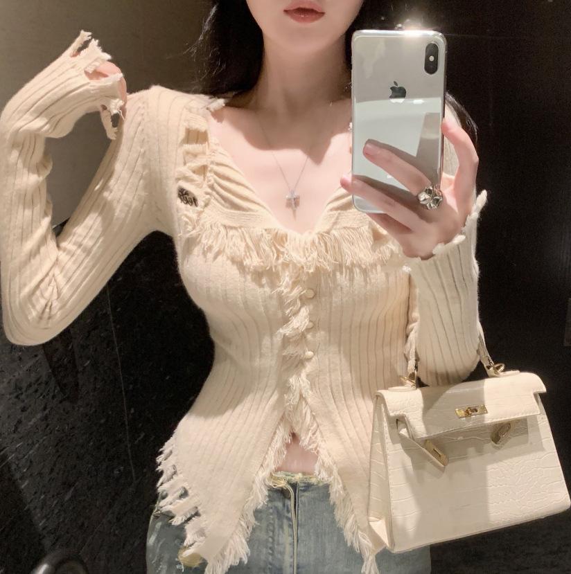 Pure desire style design, rough edge V-neck sweater women's clothing, autumn and winter new slim and thin niche cardigan top