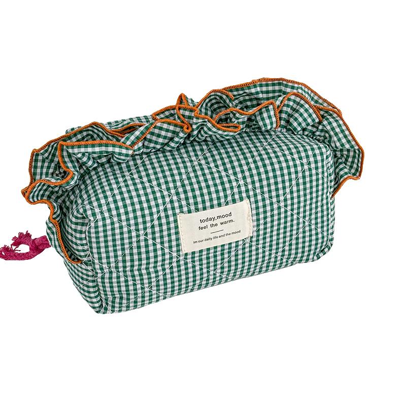 

1 шт. Большая вместительная сумка для стирки в стиле Инс, милая, на молнии, со сладким клетчатым узором и оборками, косметичка