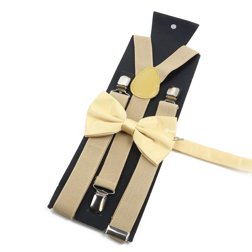 Men Kids Yellow Khaki Brown Suspender Bowtie Set Elastic Adjustable Y-Back Braces Straps Daily Father-Child Braces Accessory