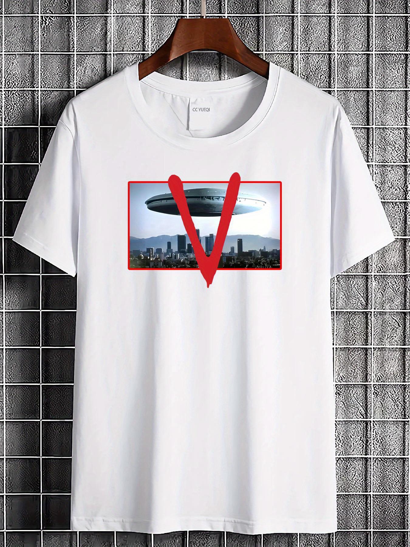 V Visitors TV Show T-Shirt - 1980s Retro Sci-Fi NBC Aliens Mothership Logo & V Symbol Graphic Tee XXL