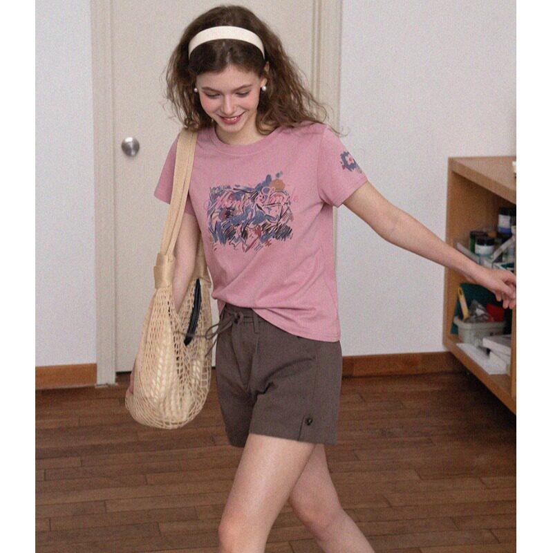 American retro old pink T-shirt women's summer new niche design printed loose short-sleeved top