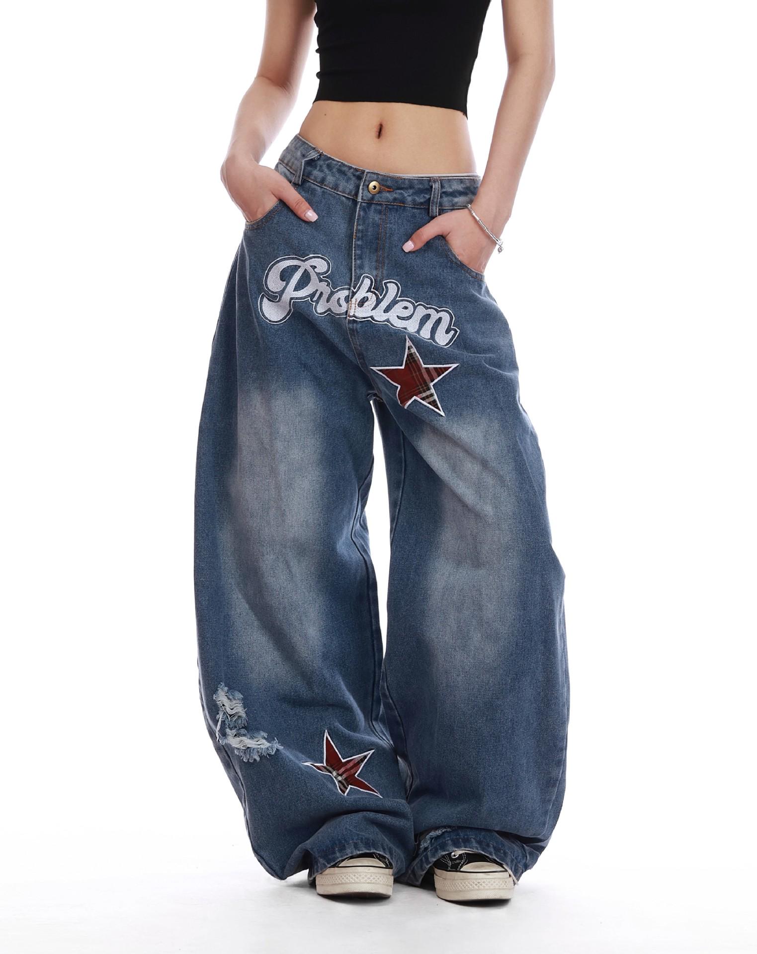 

Women s Retro High Street Star Embroidered Loose Fit Jeans - Summer Floor-Length Banana Pants 3XL