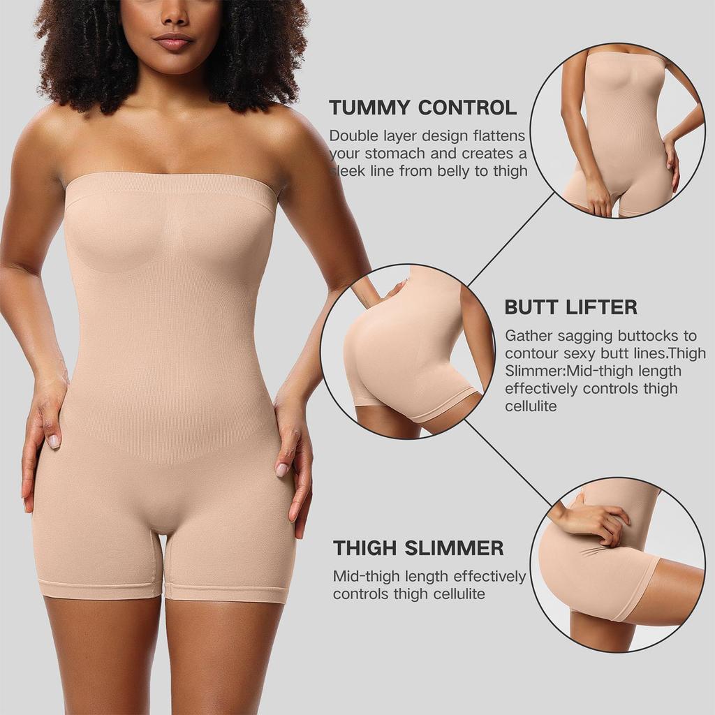 Compression Strapless Shortie Bodysuit for Women Tummy Control Shapewear Seamless Body Shaper with Removable Straps Slimming Fitness