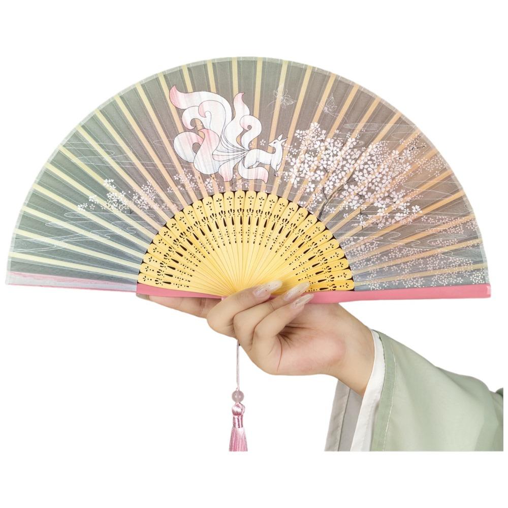 Chinese Ancient Style Portable Folding Fan Classical Wooden Handle Dancing Fan with Tassels Traditional Decorative Fan