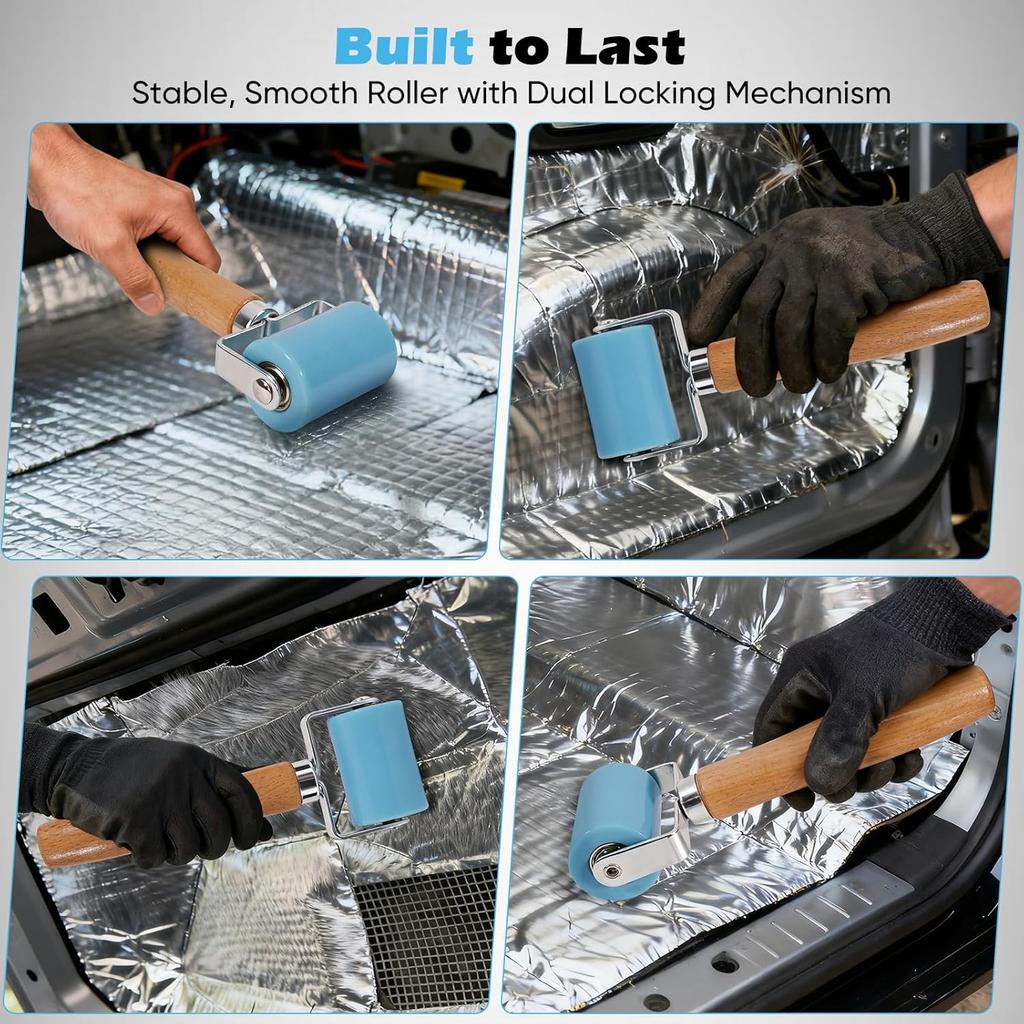 3rd-Gen Sound Deadening Roller, Professional Dual Bearing Hand PU Seam Roller Application Tool with Wood Handle for Car Audio Sound Deadener,