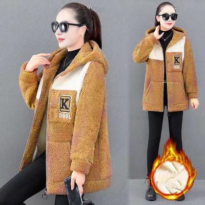 Damen-Herbst-Wintermantel, dickes Fleece, Farbblock, lange Ärmel, Kapuzentaschen, mittlere Länge, Reißverschluss, Strickjacke, warme, lockere Damenjacke