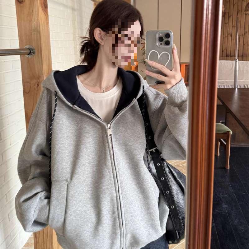 Women's Oversized Heavyweight Gray Hooded Cardigan Jacket - Trendy Autumn/Winter Hoodie Top