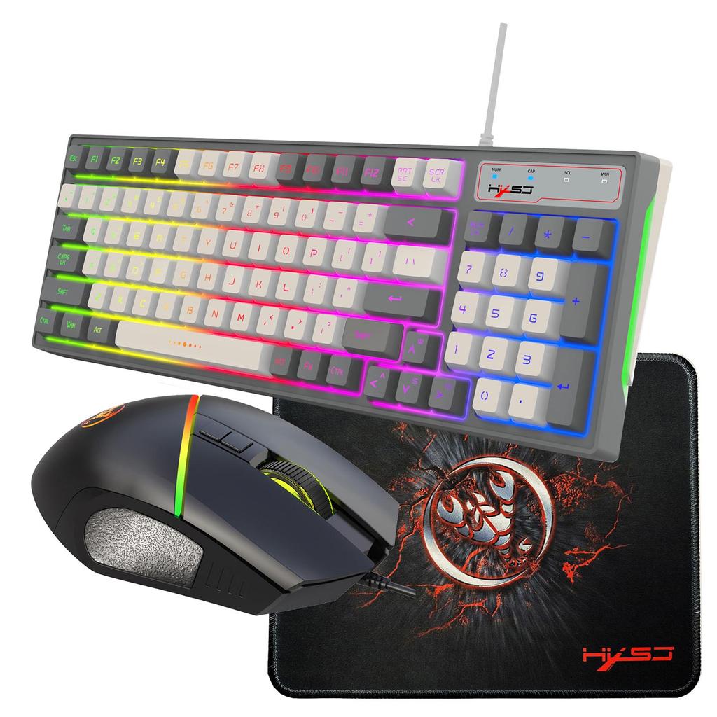 HXSJ Wired Keyboard and Mice Combo with Mice Pad 96 Keys Compact Keyboard with Colorful Lights 4 Adjustable Speeds