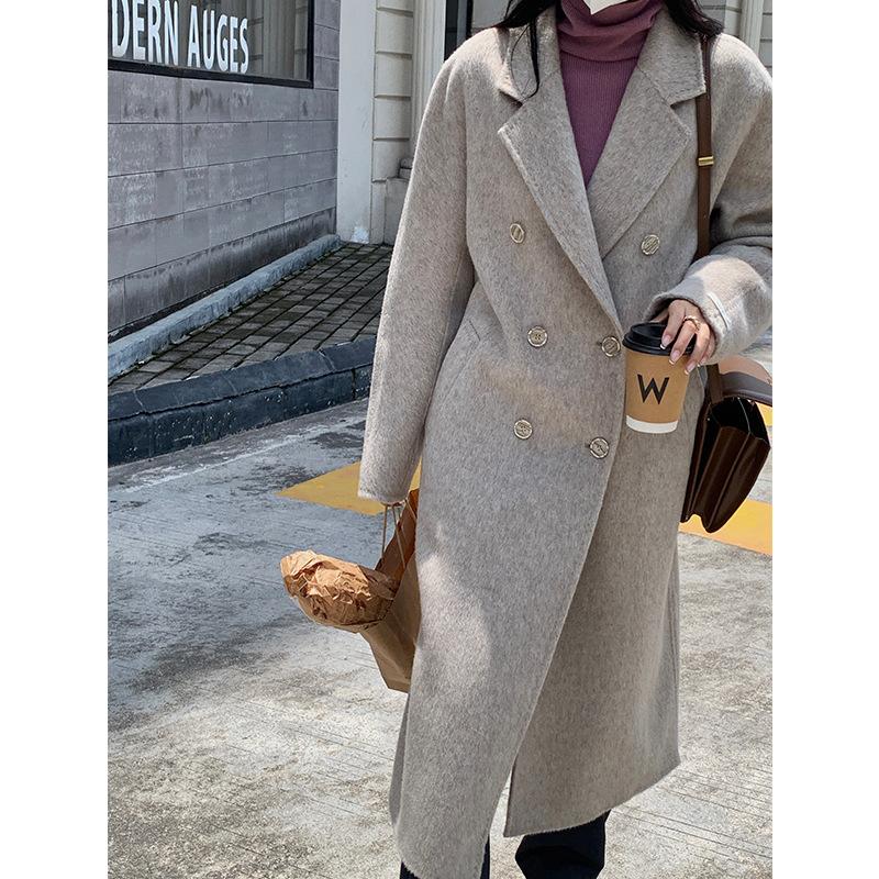 Q504 high-end Albaka camel wool double-sided hand-sewn coat women's, loose and thin quality woolen coat