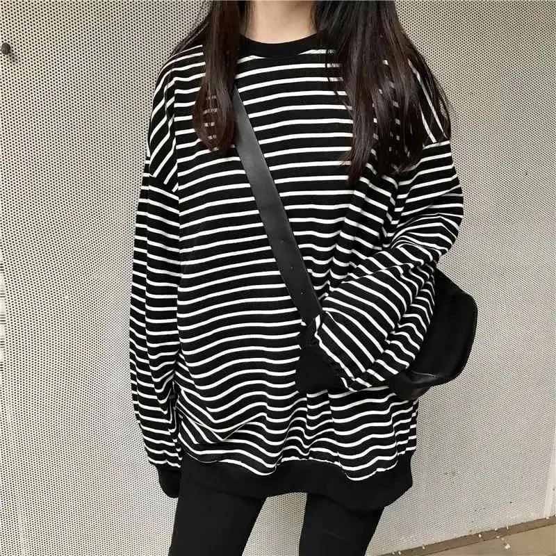 T-Shirt Tops Women Padded Warm Stripes Blouse Oversized Stretch Long Sleeve T-Shirt Round Neck Loose Tops