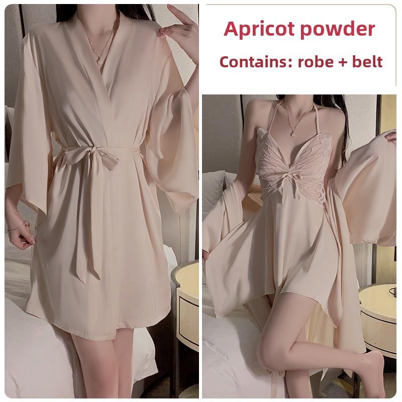 Sexy Ice Silk Large Size Pajamas Plus Chest Pads Gather Bow Nightgown Robe Loungewear Set