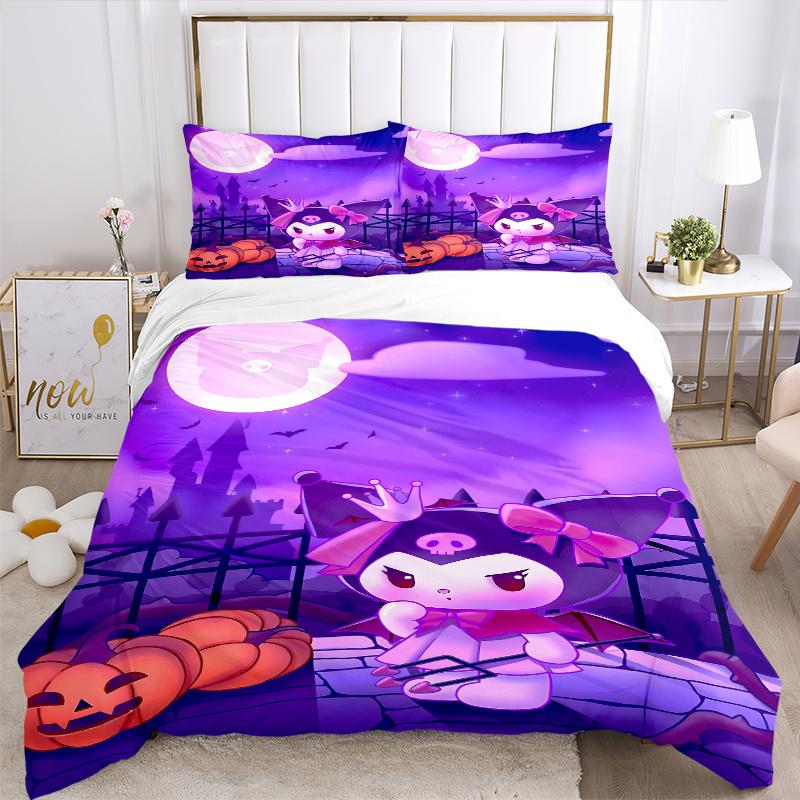 3pcs Halloween Night Kuromi's Spooky Castle Printed Duvet Cover Set (1 * Cover+2 * Pillowcase, Without Core), Suitable for Home Bedroom, Guest Ro