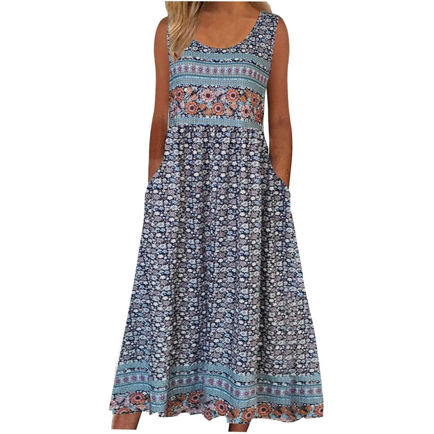 

Women s Round Neck Sleeveless Maxi Dress with Side Pockets and Colorful Print Variations 5XL
