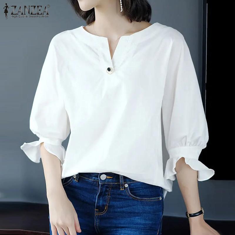 

ZANZEA Женская повседневная однотонная блузка с v-образным вырезом и рукавами 3/4