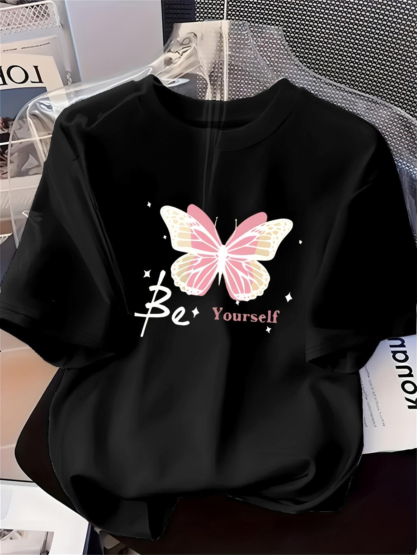 

2026 New Man Women Fashion Printed T-Shirt Pink Butterfly Pattern Soft Comfortable Printed Short Sleeve T-Shirt for Casual To... S разноцветный