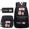 Katze 3-teiliges Set Niedlicher Schulrucksack Schreibwaren Federmäppchen Lässige Umhängetasche für Kinder