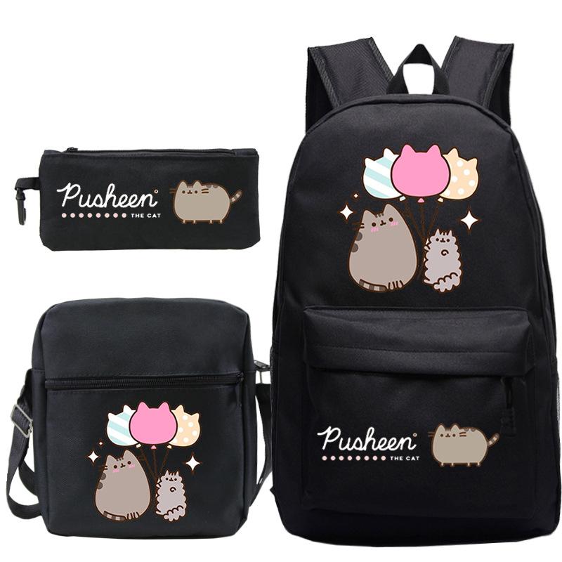 Katze 3-teiliges Set Niedlicher Schulrucksack Schreibwaren Federmäppchen Lässige Umhängetasche für Kinder