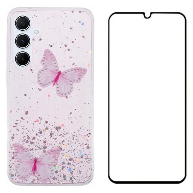 WANLONFENG AW Series for Samsung Galaxy A15 4G/5G Case 3D Butterfly TPU Glitter Phone Cover with Screen Protector