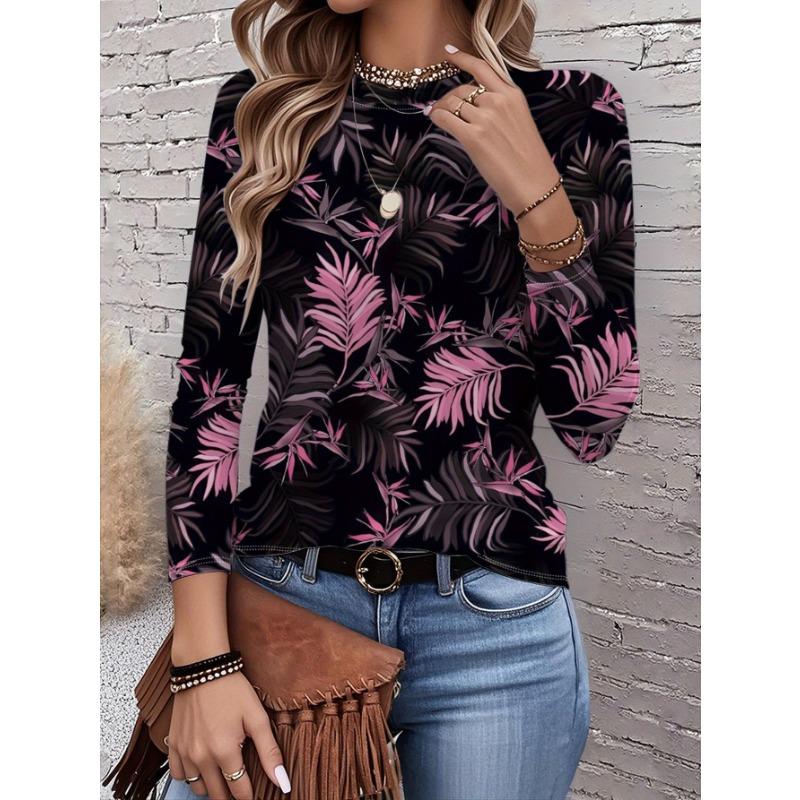 2026 New Women's Fashionable Long-Sleeved T-Shirt with Retro Floral Pattern, Perfect for Everyday Wear and Stylish Outfits