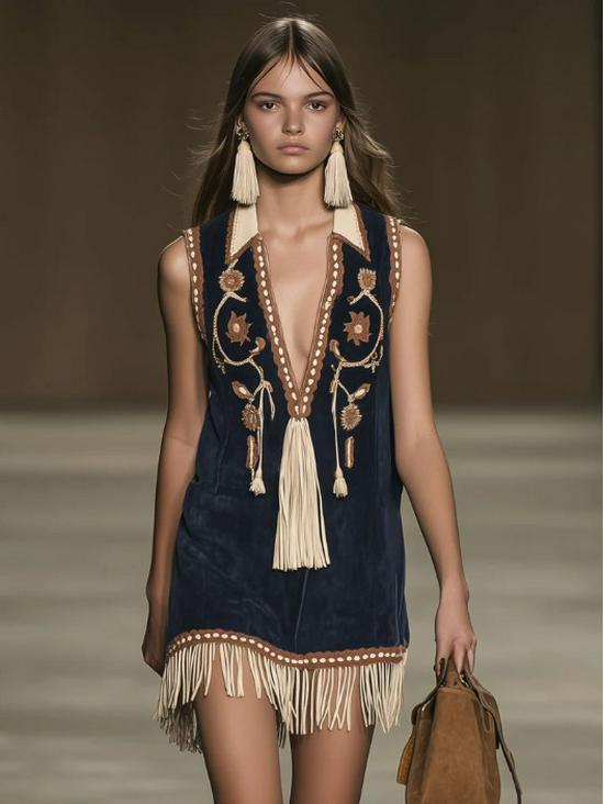 Bohemian Embroidered Suede Tassel Sleeveless Mini Dress