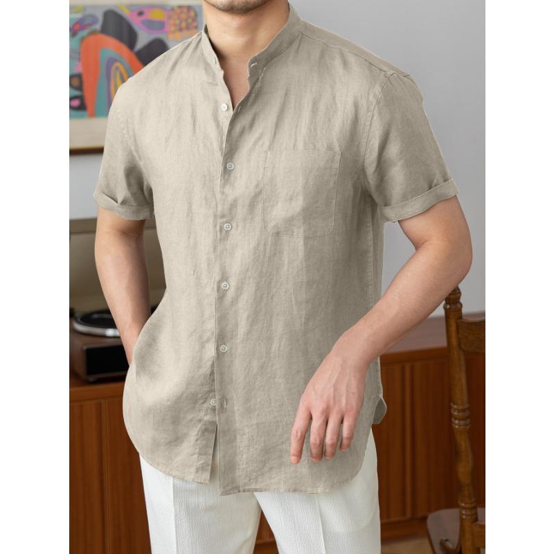 

Мужская рубашка с коротким рукавом, летняя дышащая льняная рубашка с воротником-стойкой, легкая повседневная простая легкая рубашка для взрослых мужчин L хаки