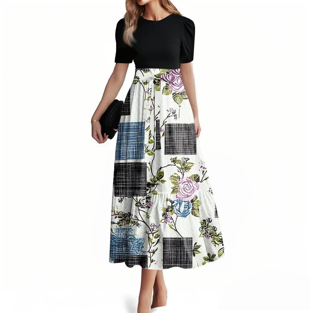 Dame Mote Casual Belte Kortermet Rund Hals Søm Elegant Temperament Kjole