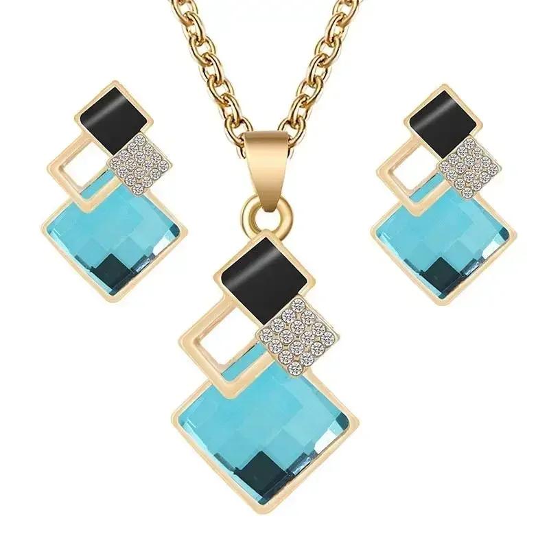 

Fashion Creative Decoration Korean Minimalist Square Diamond Inlaid Necklace Earrings Set Collarbone Chain Accessories Gifts синий