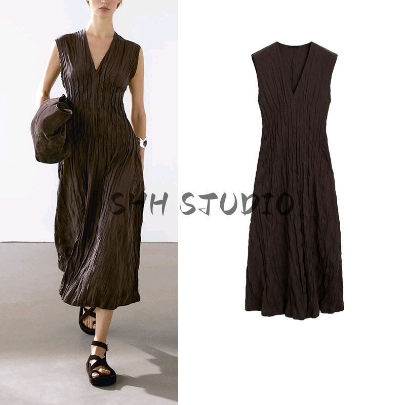 Spring and Summer New Arrival Women's Clothing Nanfa Elegant Brown Drape Elegant V Neck Pleated Mid-Length Dress 6679585