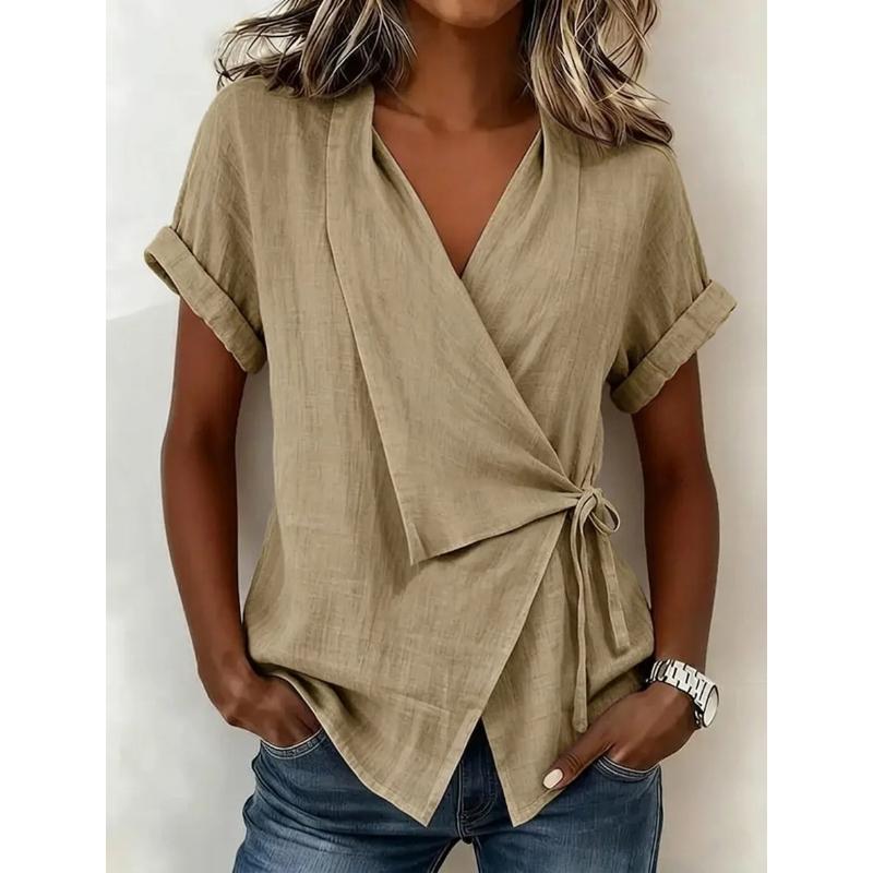 Spring and Summer Cross-border European and American Style Casual Solid Color Stand-up Collar Tie-up Asymmetrical Loose