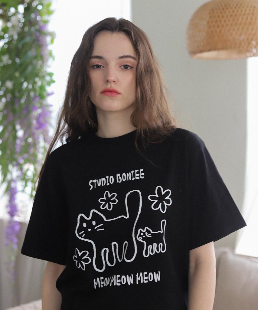BONIEE Meow Cat Kitten Graphic Loose Oversized T-Shirt Black